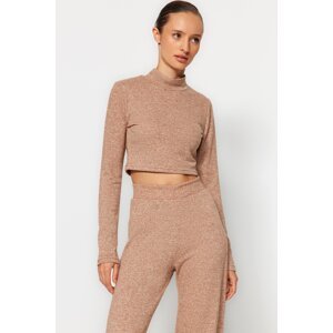 Trendyol Brown Stand-Up Collar, Soft Crop and Wide Leg / Wide Leg Knitted Top and Bottom Set