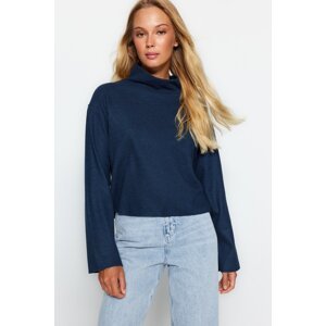 Trendyol Navy Blue Thessaloniki/Knit-Looking Standing Collar Relaxed/Comfortable Fit Low-Sleeve Knitted Blouse
