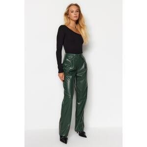 Trendyol Dark Green Faux Leather Straight/Straight Fit Woven Trousers