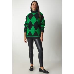 Happiness İstanbul Women's Green Diamond Pattern Oversized Knitwear Sweater