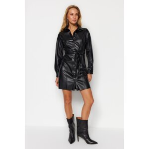 Trendyol Black Rack Faux Leather Strap Mini Knitted Dress with Buttons and Shirt Collar