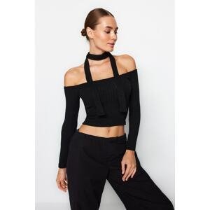 Trendyol Black Ribbed Carmen Collar Shawl Detailed Fitted Crop Stretchy Knitted Blouse