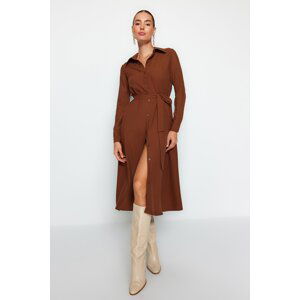 Trendyol Brown Belted Straight Cut Midi Woven Shirt Dress