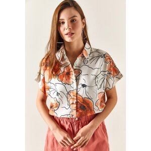 Olalook Women's Floral Orange Bat Linen Blend Shirt