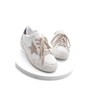 Marjin Women's Sneakers Lace-Up Star Printed Thick Sole Sports Shoes Corisa White.