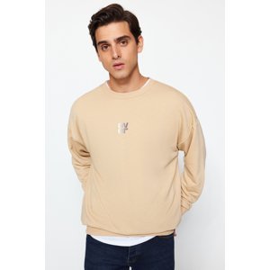 Trendyol Beige Men's Oversize/Wide Cut Crew Neck Long Sleeve Text Printed Sweatshirt.
