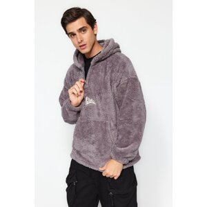 Trendyol Men's Gray Oversize/Wide-cut Zippered Hoodie with Mountain Embroidery Pockets Thick Fleece/Plush Sweatshirt.