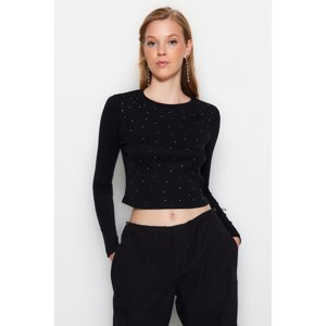 Trendyol Black Stone Detailed Crop-Fitted/Flexible Rib Knit Blouse