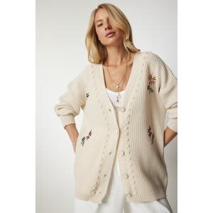 Happiness İstanbul Women's Cream Floral Embroidery Textured Knitwear Cardigan