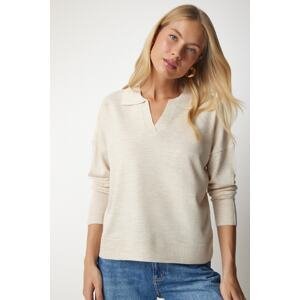 Happiness İstanbul Women's Beige Polo Collar Basic Sweater