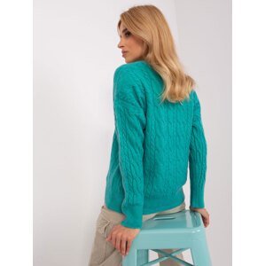 Tyrkysový svetr s kabely a kulatým výstřihem