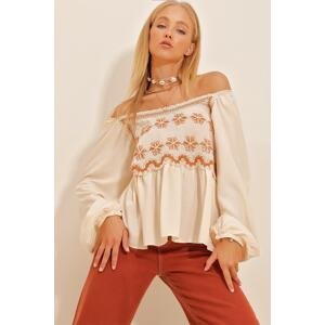 Trend Alaçatı Stili Women's Cinnamon Square Collar Woven Blouse with Embroidery and Crochet