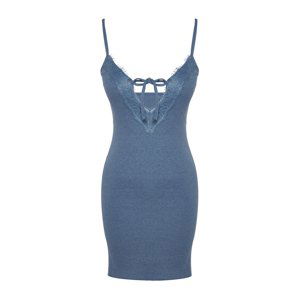 Trendyol Blue Lace and Tie Detailed Corded Cotton Knitted Nightgown