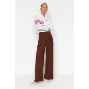 Trendyol Brown Velcro Belt High Waist Pleated Wide Leg Knitted Trousers