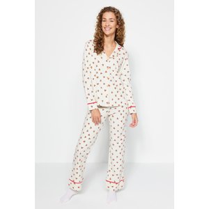 Trendyol Beige 100% Cotton Heart Patterned Shirt-Pants and Knitted Pajamas Set