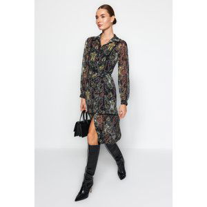 Trendyol Multi Color Paisley Patterned Midi Piping Detailed Lined Chiffon Woven Shirt Dress