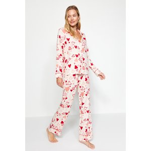 Trendyol Multicolored Heart Pile Detailed Viscose Shirt-Pants Woven Pajamas Set