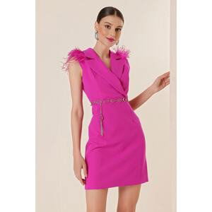 By Saygı Double-breasted Collar Feather Detailed Dress with a Belt Fuchsia