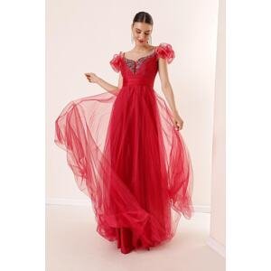 By Saygı Front Back V-Neck Rope Straps Low Sleeves Stone Detailed Lined Long Tulle Dress Red