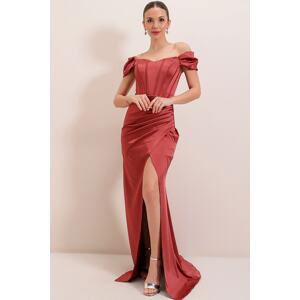 By Saygı Underwired Long Satin Dress with Pleats and Lined Copper.