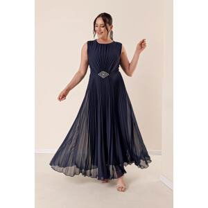 By Saygı Buckled Waist, Pleats and Lined Uniforms. Navy Blue Chiffon Long Dress