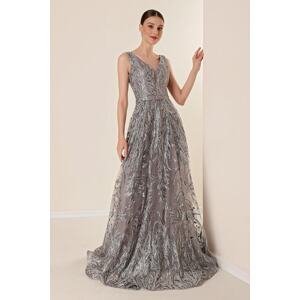 By Saygı Thick Straps Lined Glittery Flocked Printed Long Dress Gray