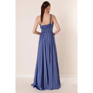 By Saygı Knitting Single Strap Waist Pleated Lined Long Evening Dress with a Slit dark indigo.