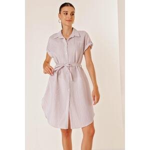 By Saygı Lilac Stripe See-through Dress with Belted Waist, Short Sleeves and Buttons in the Front.