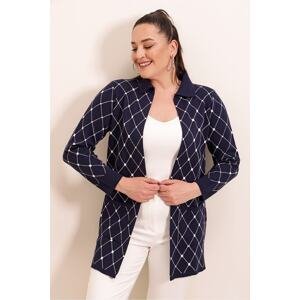 By Saygı Checkered Patterned Acrylic Sweater with Pocket Plus Size Cardigan, Navy Blue.