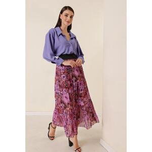 By Saygı Wide Waist, Elastic Lined Chrysanthemum Pattern Tri-Pleat Skirt Purple