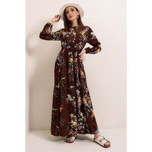 By Saygı Long Viscose Dress with Buttons in the Front and Tie Waist Colorful Floral Long Dress Brown