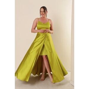 By Saygı Pistachio Green Plus Size Long Satin Dress with Thread Straps and a Slit in the Front