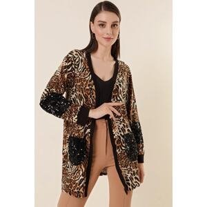By Saygı Leopard Pattern with Detailed Pockets Lycra Cardigan Brown.