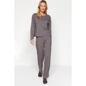 Trendyol Dark Gray 100% Cotton Striped T-shirt-Pants Knitted Pajamas Set