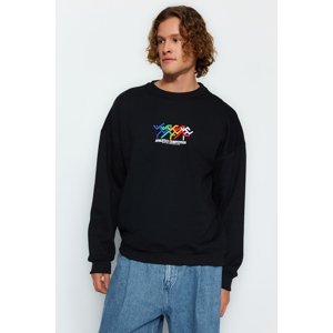 Trendyol Men's Black Oversized/Wide-Fit Olympic Embroidery and Printed Fleece Interior Cotton Sweatshirt.