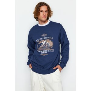 Trendyol Indigo Men's Oversize/Wide Cut Motorcycle Printed Fleece Inner Sweatshirt