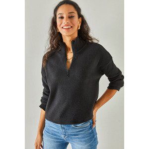 Olalook Women's Black Zippered Stand-Up Collar Sharding Sweater