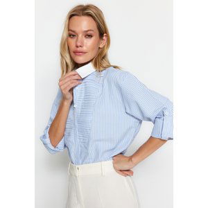 Trendyol Blue Striped Rib Detailed Roll Up Sleeve Detailed Woven Shirt