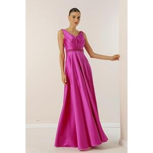 By Saygı V-Neck Thick Straps Waist Bead-lined Wide-Piece Long Satin Dress