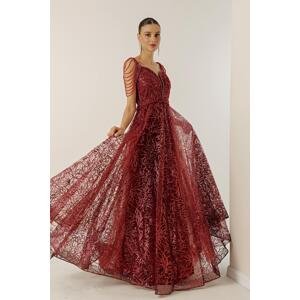 By Saygı Lined with Beads, Glitter Flocked Print Long Dress
