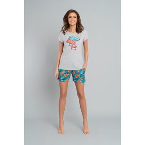 Dámské pyžamo Oceania, krátký rukáv, krátké kalhoty - světlá melanž/potisk