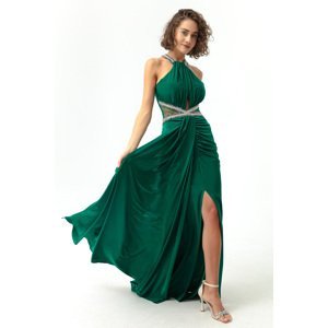 Lafaba Women's Emerald Green Stone Detailed Tail Long Evening Dress
