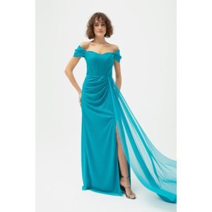 Lafaba Women's Turquoise Underwire Corset Detailed Silvery Long Evening Dress