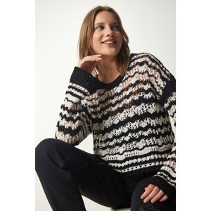 Happiness İstanbul Women's Black Cream Striped Openwork Knitwear Sweater