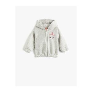 Koton Hooded Zippered Cardigan Quilted Unicorn Embroidery Detailed Cuffs and Elastic Waist