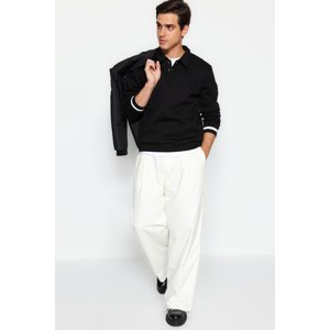 Trendyol Men's Black Oversize/Wide-Fit Buttoned Polo Neck Sleeve Striped Fleece Sweatshirt