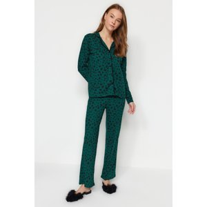 Trendyol Dark Green Animal Patterned Shirt-Pants Knitted Pajamas Set