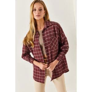 armonika Women's Red and Black Plaid Pattern Oversized Shirt