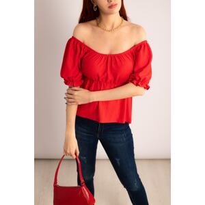 armonika Women's Red Madonna Collar Blouse With Elastic Waist And Sleeves