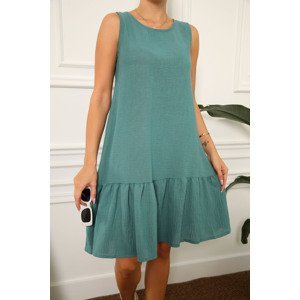 armonika Women's Turquoise Linen Look Textured Sleeveless Frilly Skirt Dress